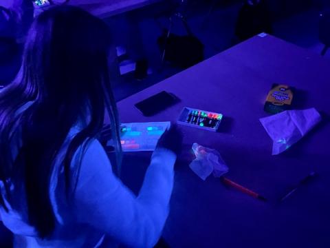 students shading forms with black light 
