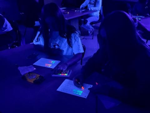 students shading forms with black light
