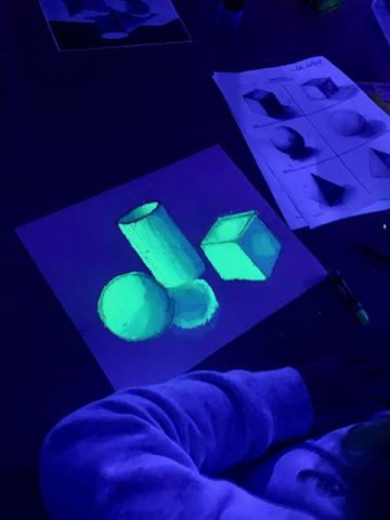 students shading forms with black light