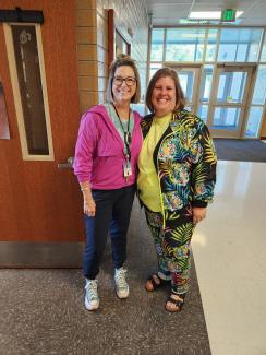 Mrs. Gleave and Mrs. Jackson in their neon attire in celebration of red ribbon week 